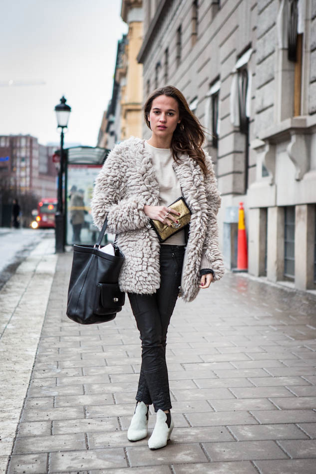 Alicia, Dagmar coat, Acne boot, chanel jacket, Alicia Vikander, Swedish actress