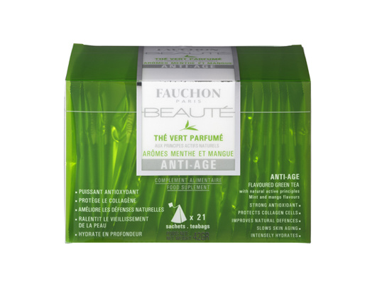 Fauchon Anti Age tea  ?15.Com gostinho de menta e flores, esse chá verde tem colágeno e suplementos que ajudam a pele.