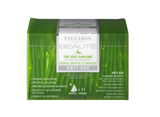 Fauchon Anti Age tea  ?15.Com gostinho de menta e flores, esse chá verde tem colágeno e suplementos que ajudam a pele.