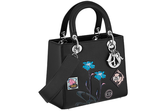 640-Lady-Dior-bag-in-black-Paradise-calfskin-badges-and-flowers-in-embosses-leather-large-strap-(2)